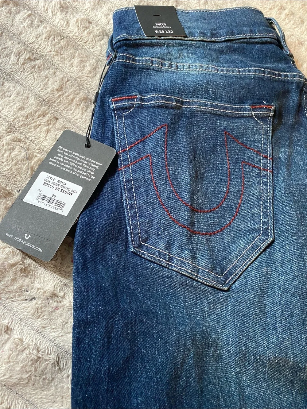 True Religion Men Blue Rocco SK Skinny Jeans with Red Stitching